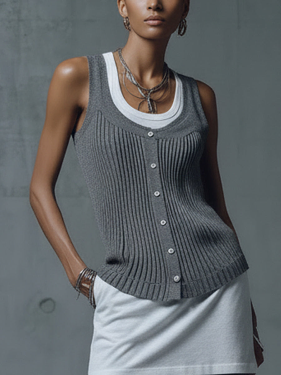 Gray And White Layered Knit Sleeveless Mini Dress