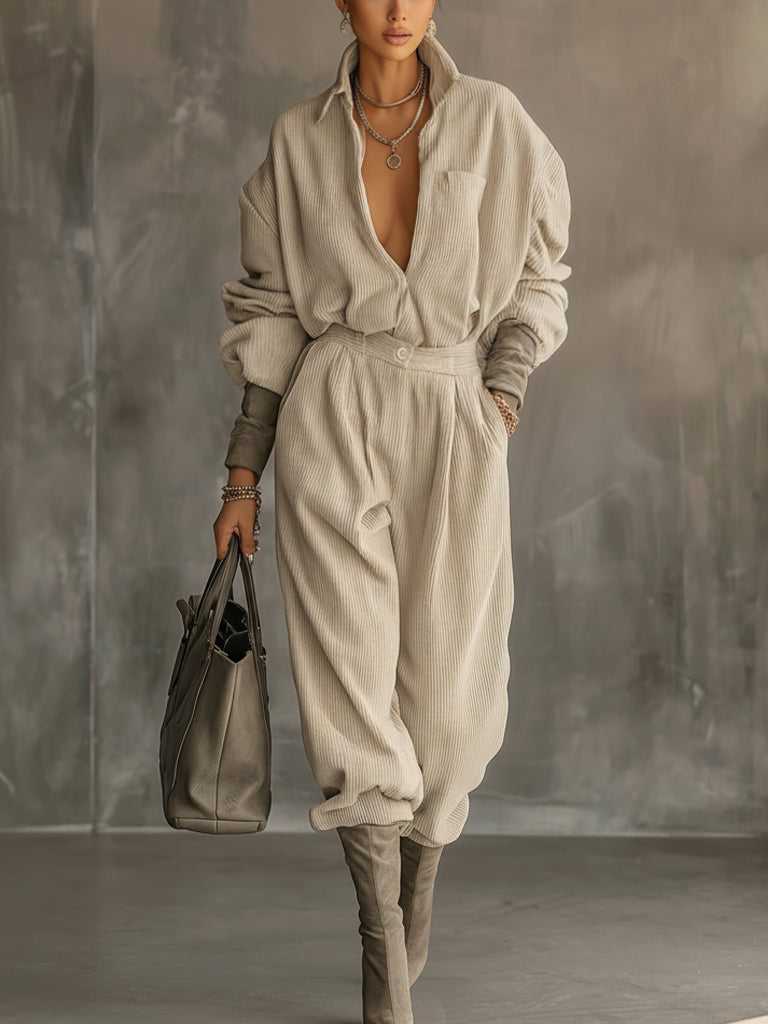 Oatmeal Corduroy Loose Fitting Deep V-neck Top And Pants Set
