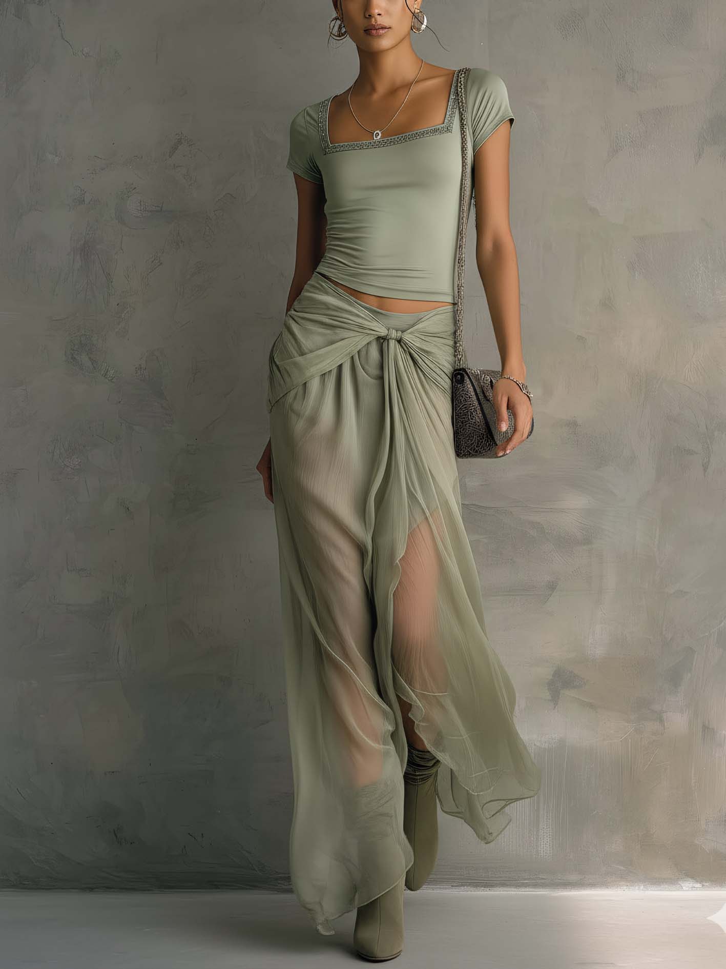 Sage Green Rhinestone Trim Square Neck Top And Sheer Drape Midi Skirt Set