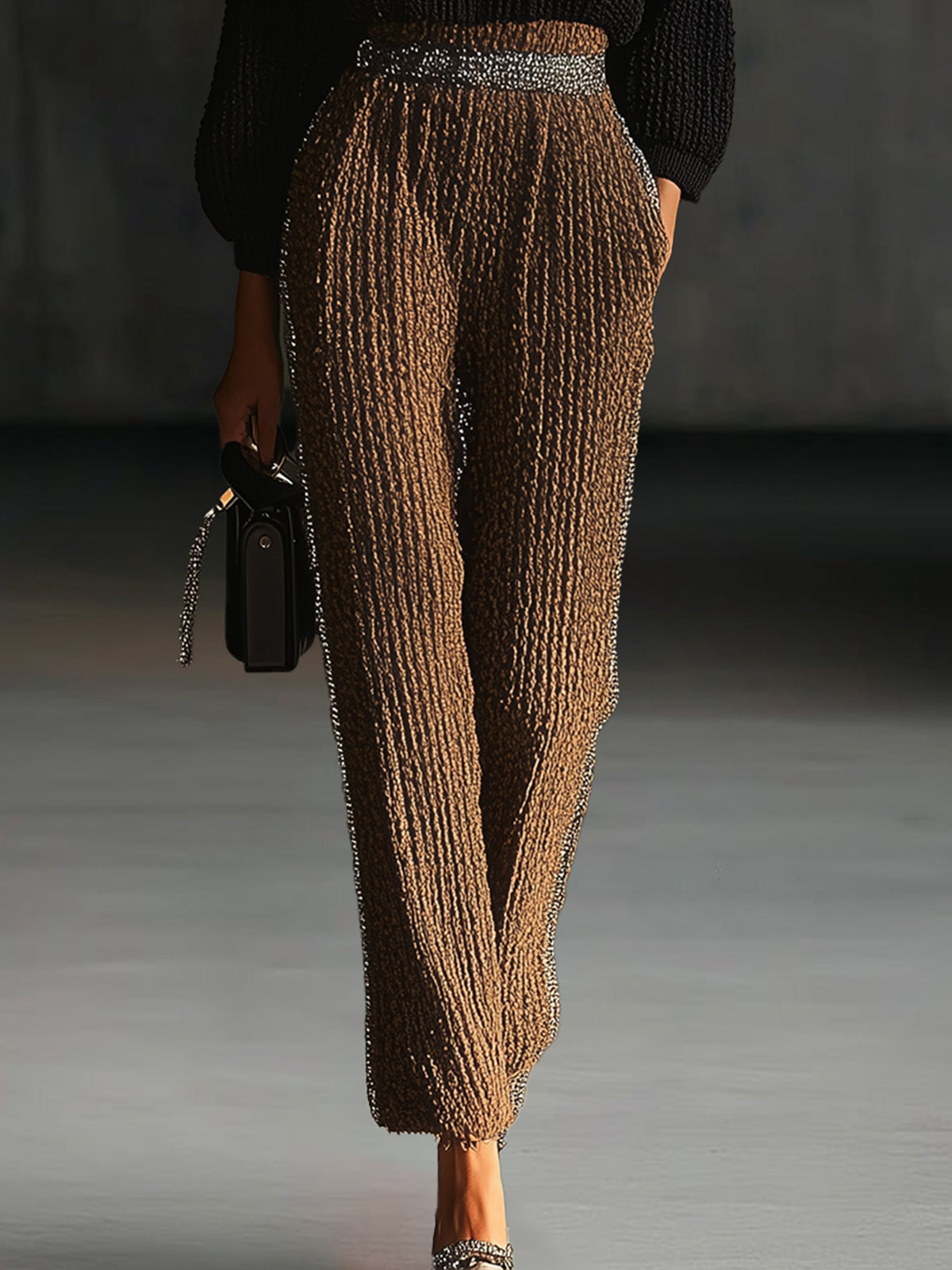 Black Knit High-Collar Top With Knit Bronze Pants Set