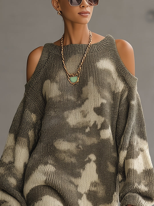 Olive Cold Shoulder Knit Sweater Dress With Pleated Hem