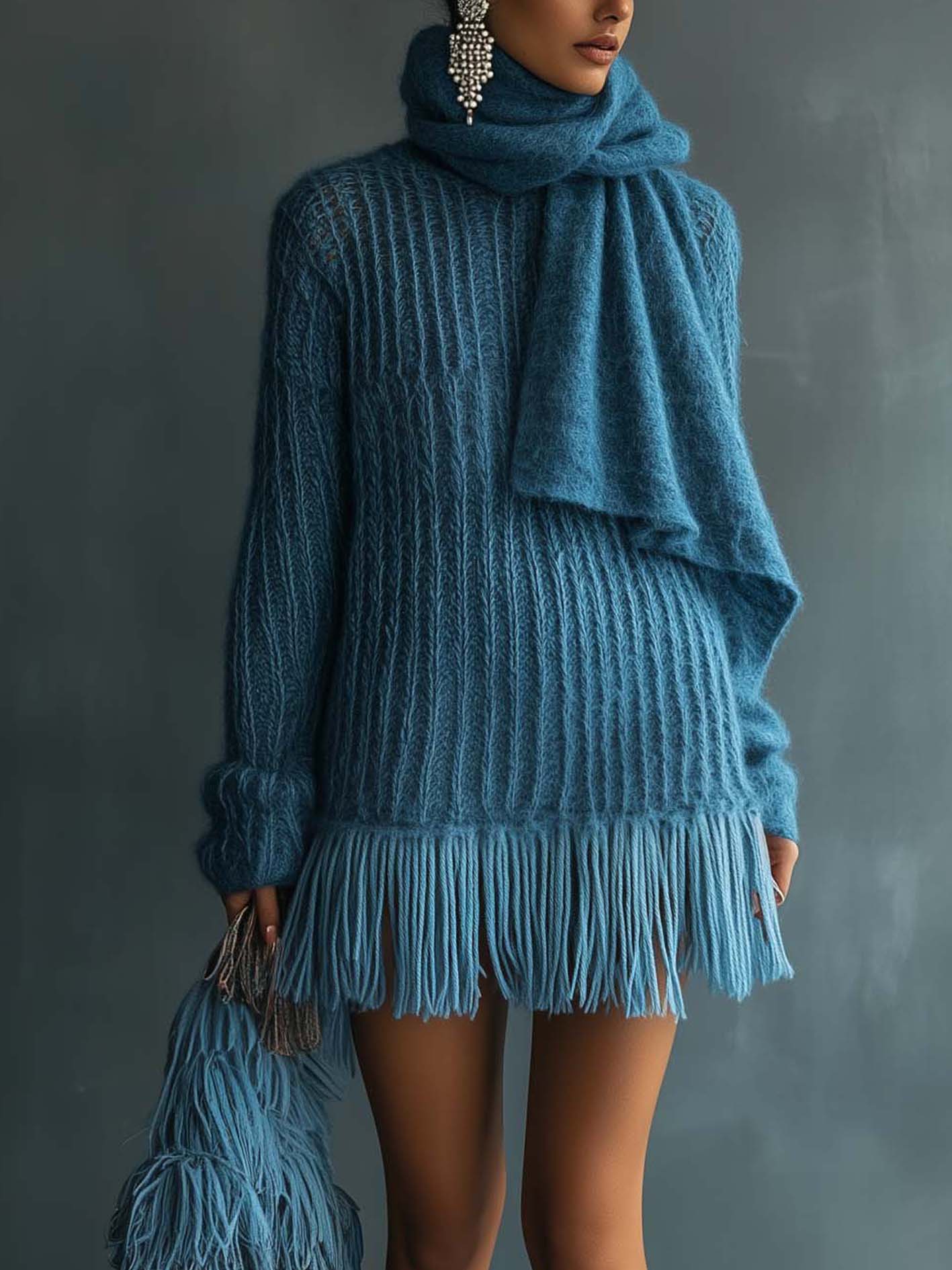 Blue Knitted Mini Dress With Tassels And Scarf Design