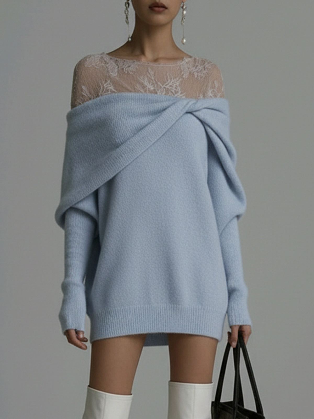 Blue Off-Shoulder Knit Mini Dress With Sheer Lace Yoke And Twisted Front Detail