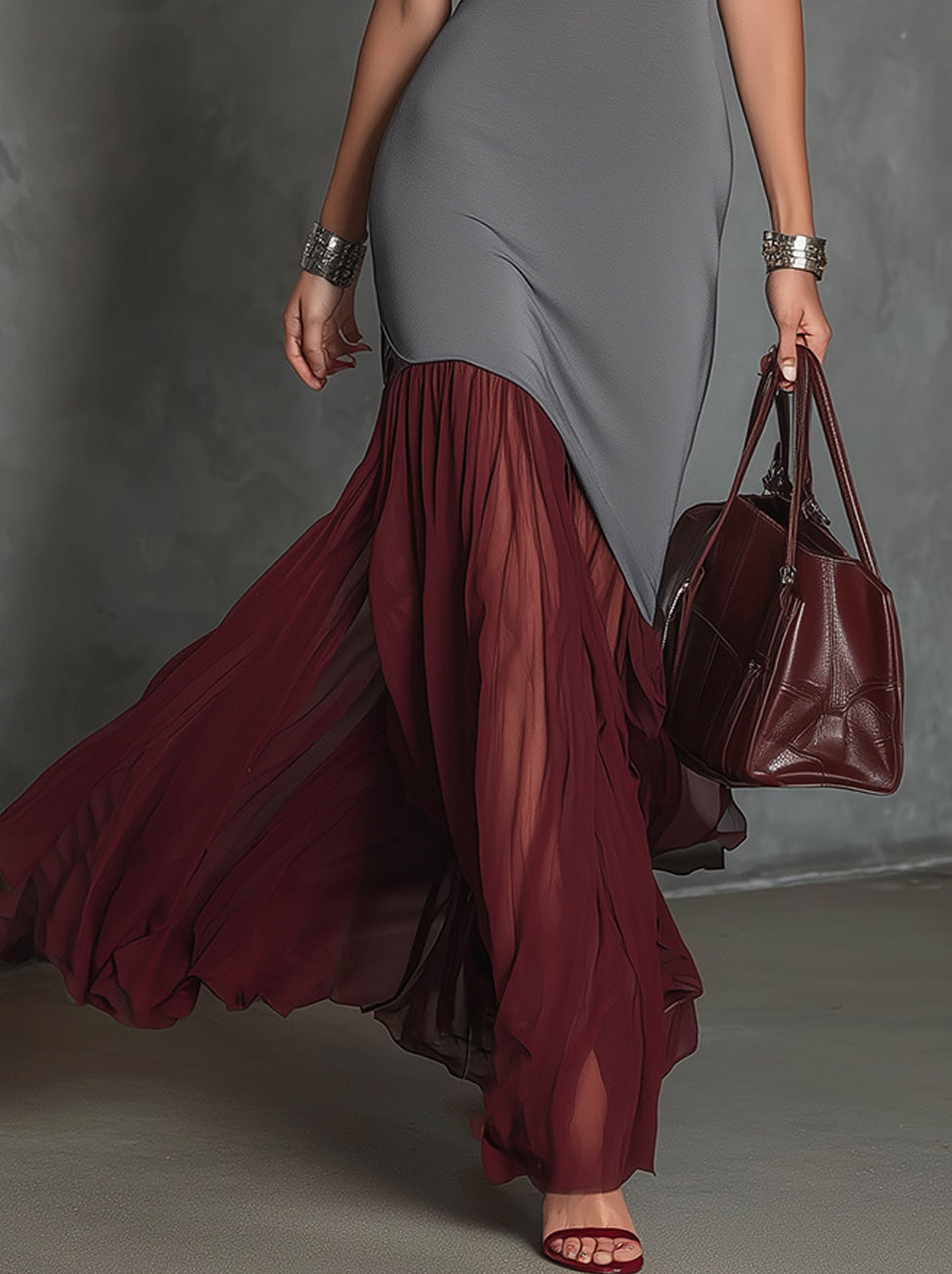 Gray And Burgundy Halter Maxi Dress With Pleated Chiffon Hem