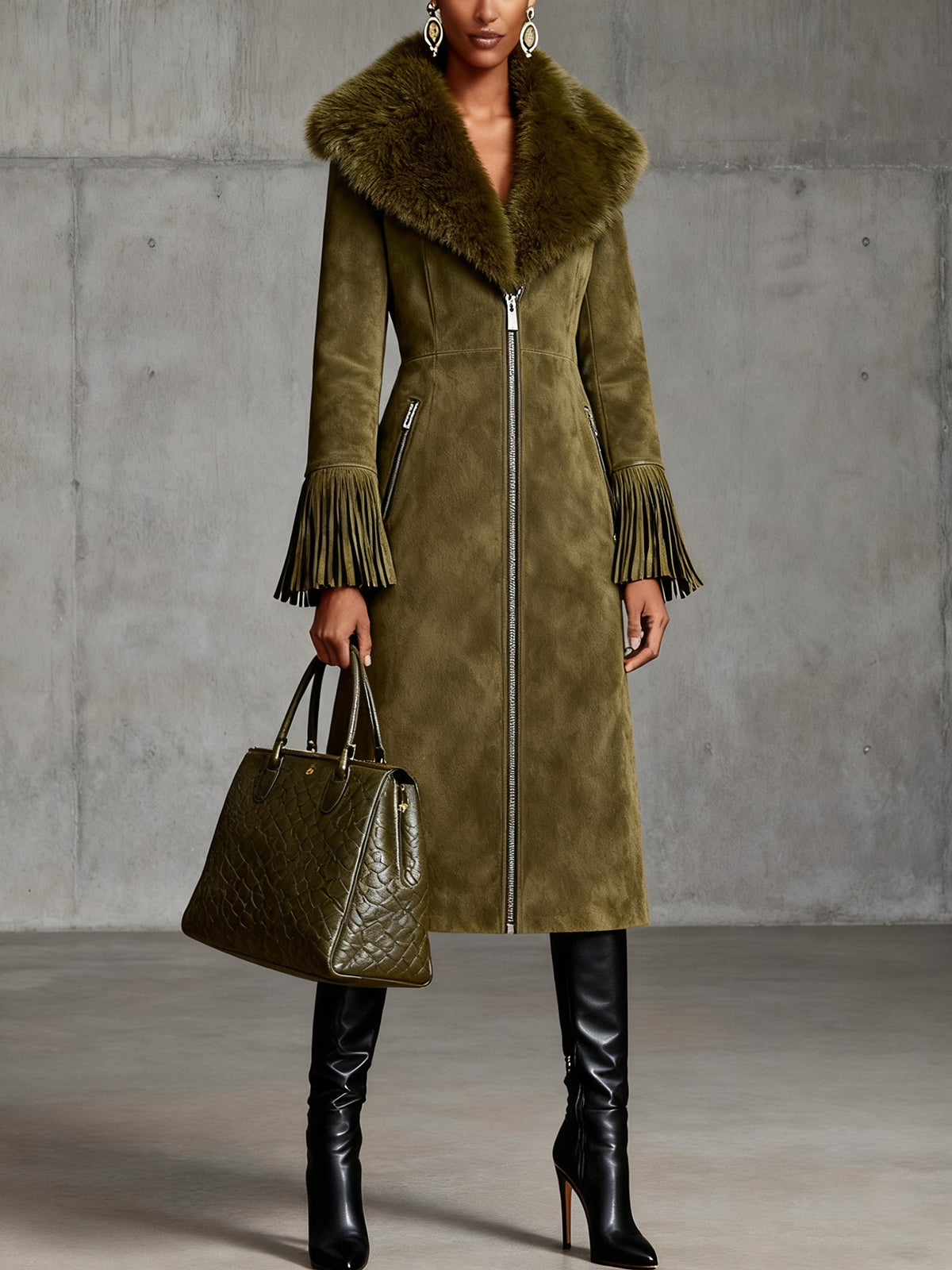 Olive Faux Suede Long Coat With Fur Collar And Fringed Cuffs
