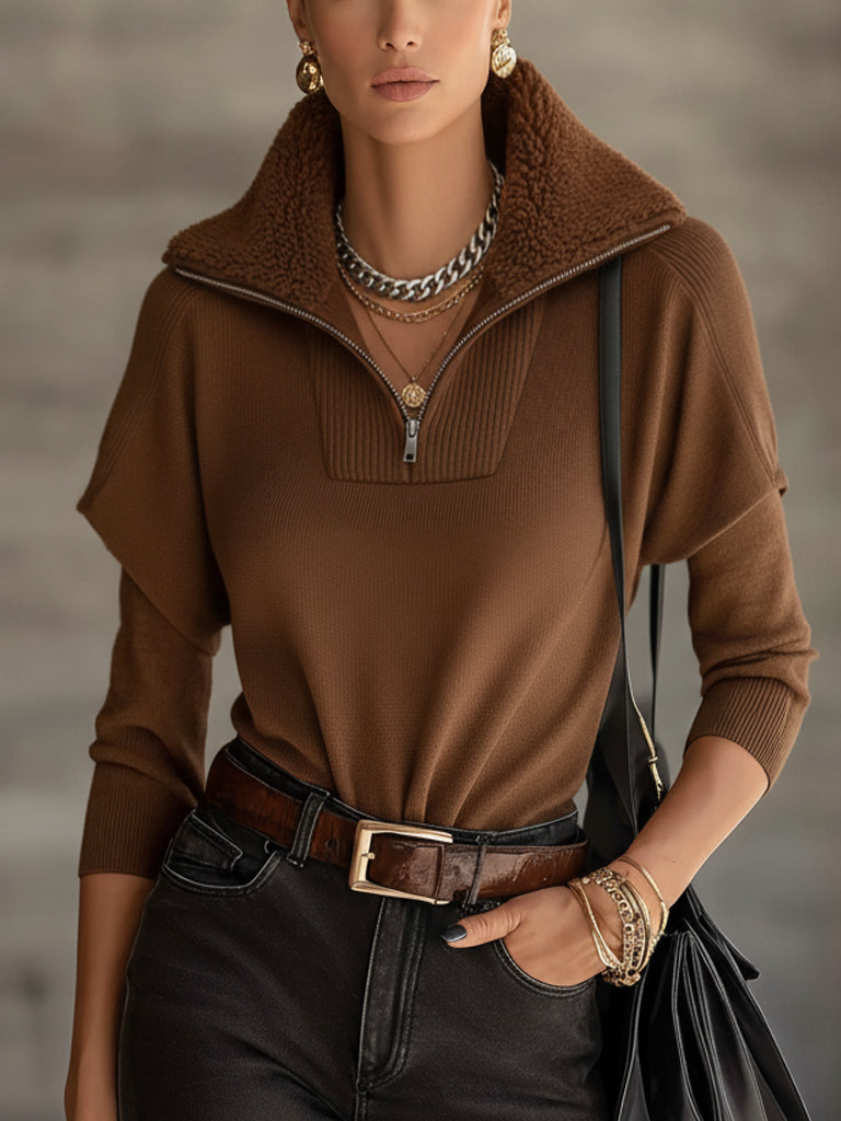Coffee Brown Half-Zip Sweater With Sherpa Collar