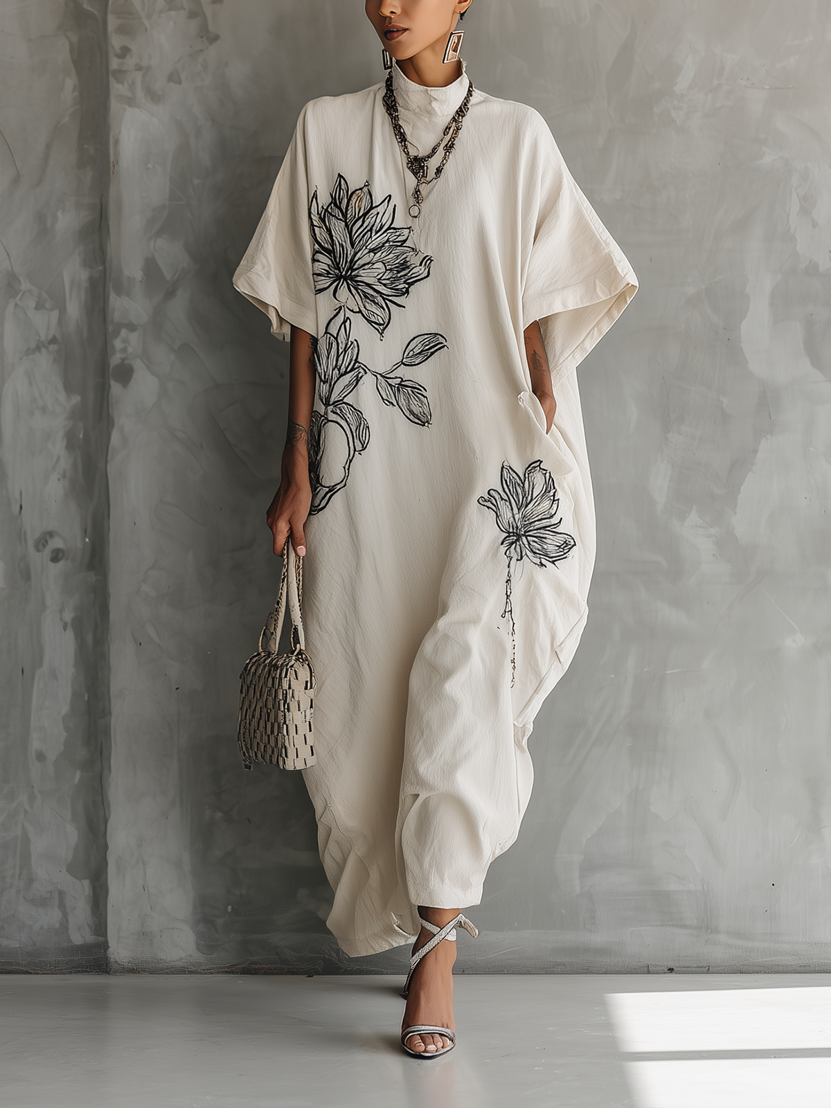 White Floral Embroidered High-Neck Batwing Maxi Dress