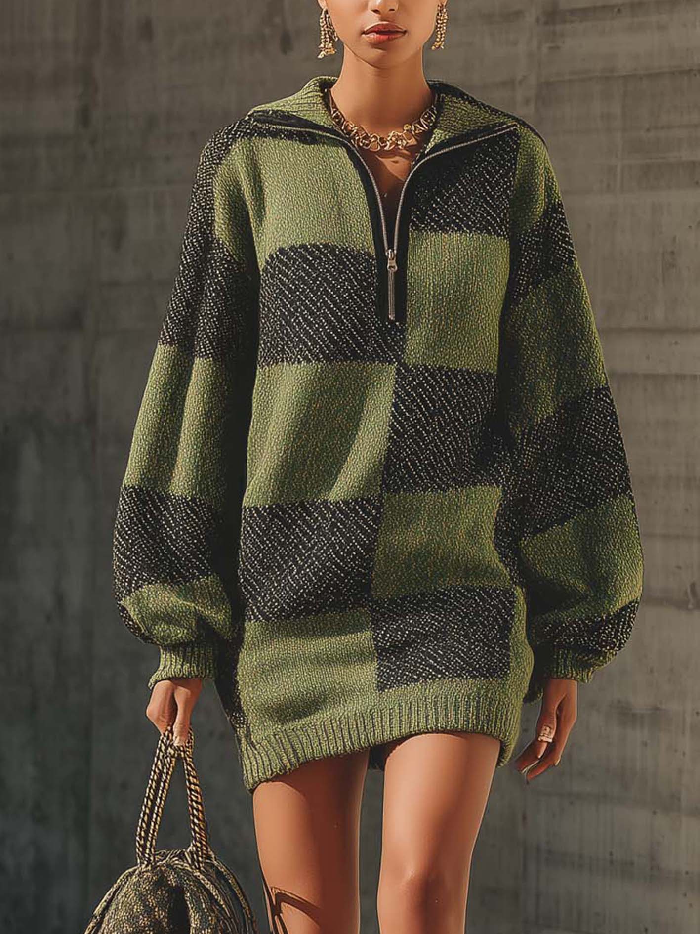 Olive Green Knit Mini Dress With Grey Checks