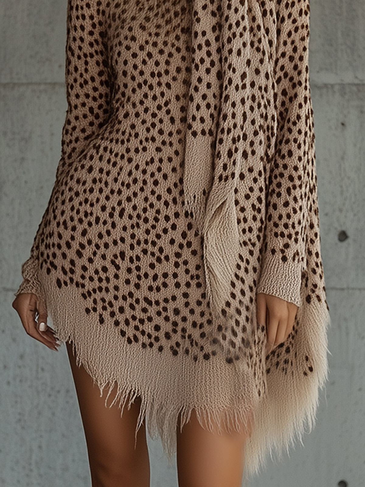 Brown Elegant Speckled Fringe Sweater Dress With Scarf