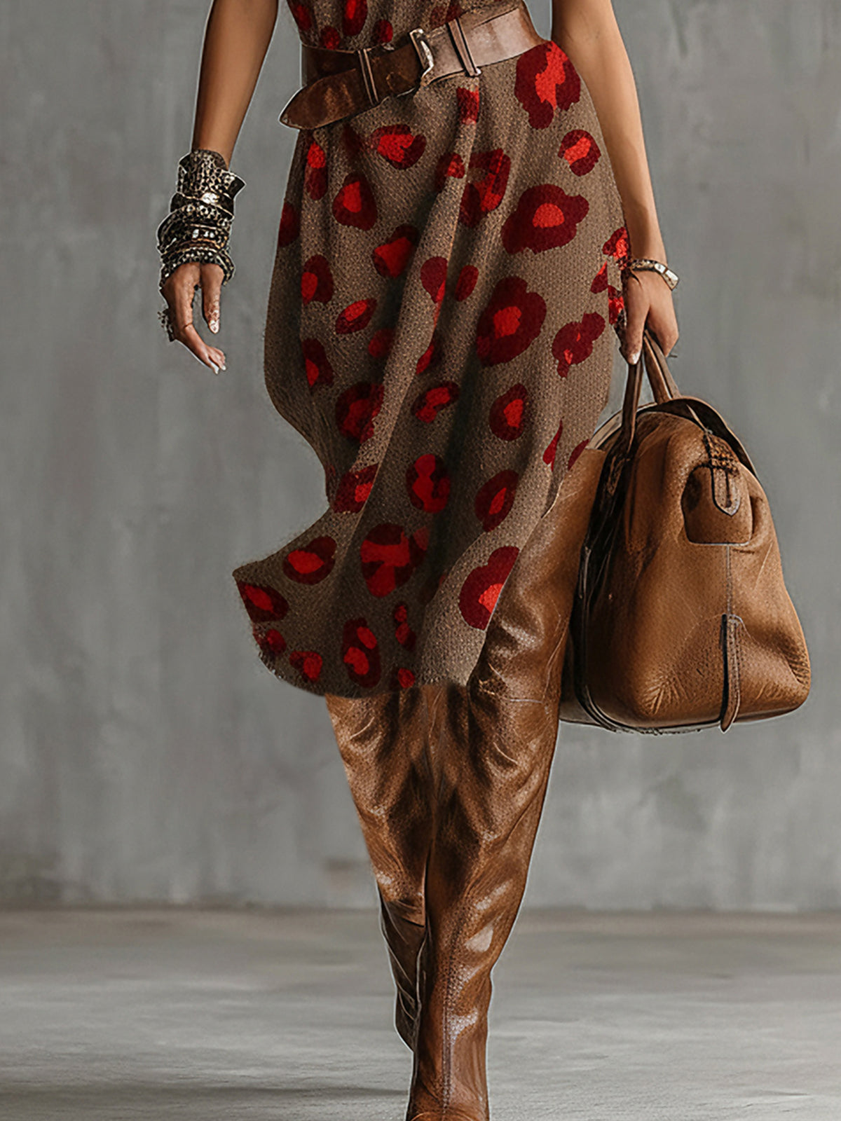 Brown And Red Leopard Print Sleeveless Turtleneck Knit Midi Dress With Belt