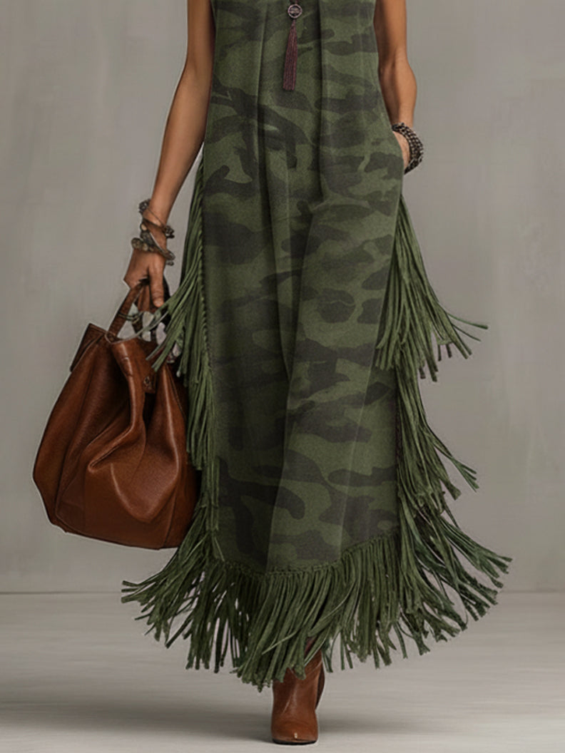 Vintage Green Camo Sleeveless Fringe Maxi Dress