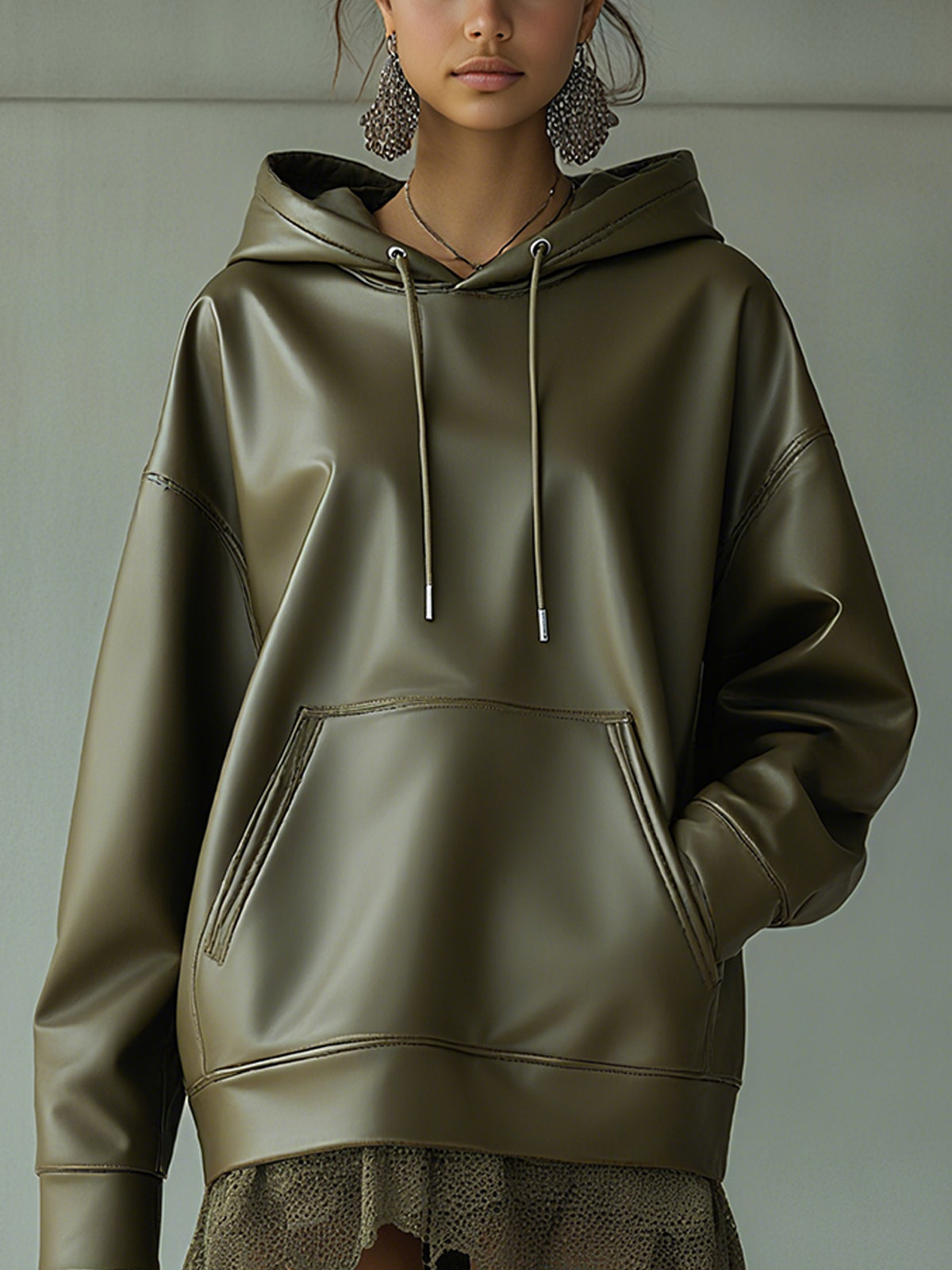 Green Faux Leather Hoodie Dress Lace Ruffle Hem