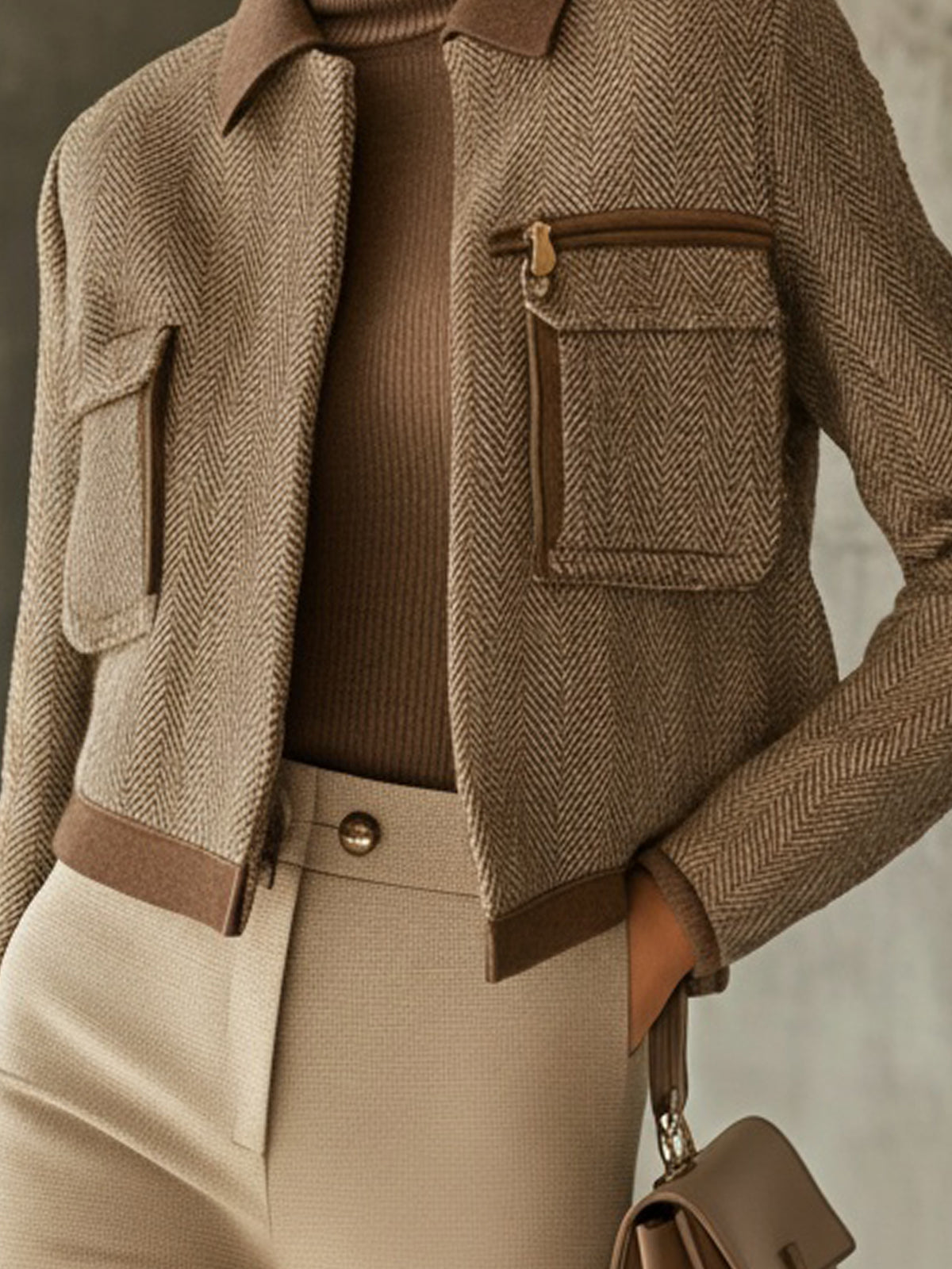 Brown Herringbone Cropped Jacket