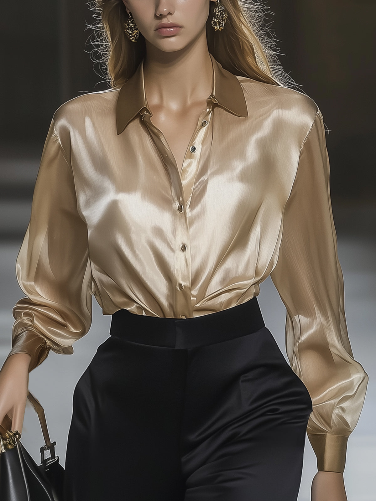 Champagne Satin Blouse With Volume Sleeves
