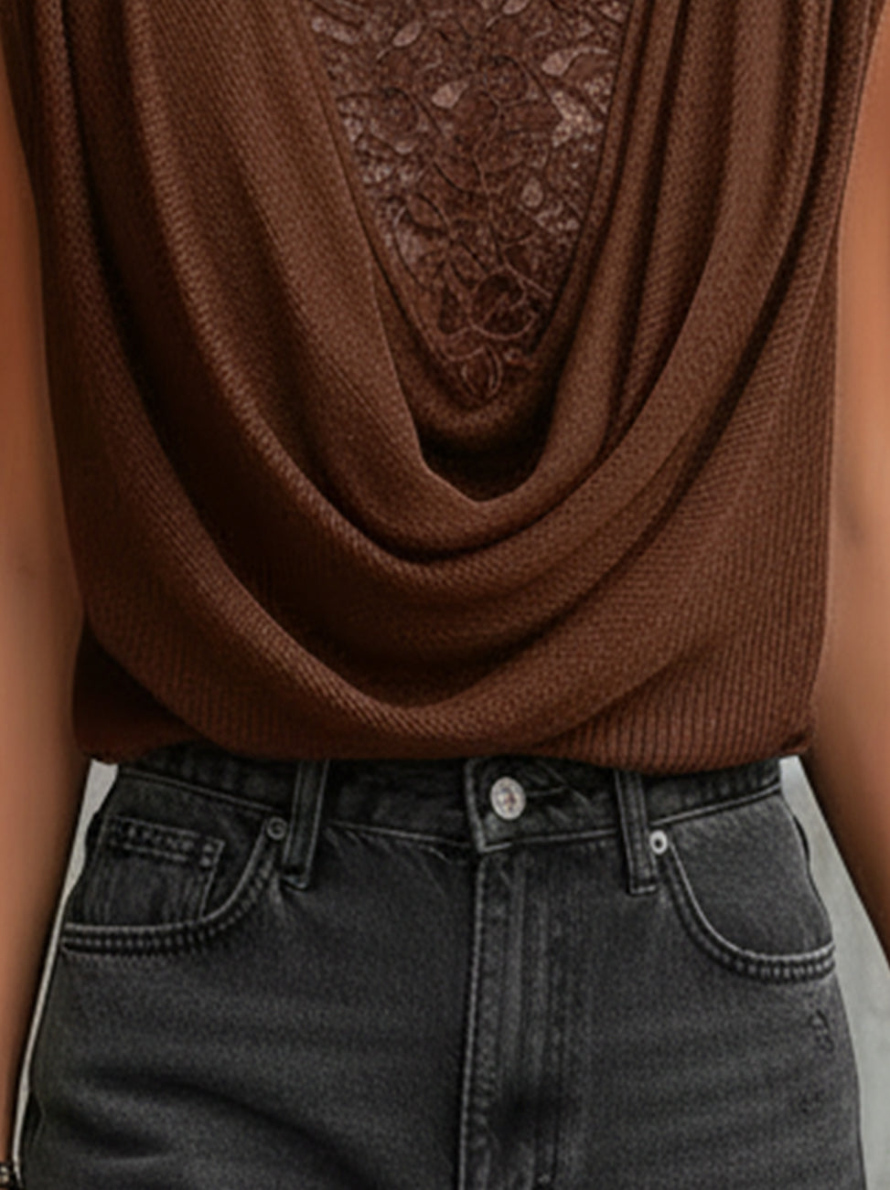 Brown Sleeveless Cowl Neck Lace Panel Sweater