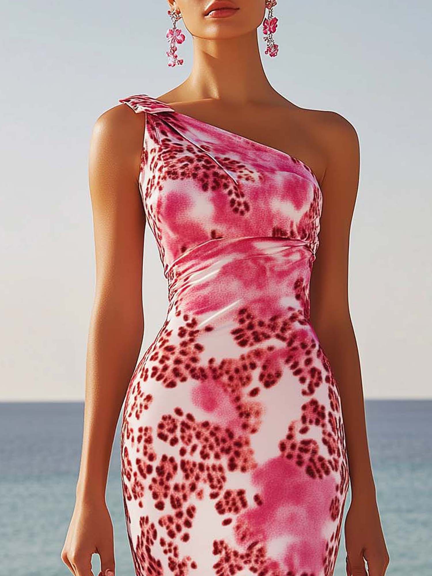 Midi Bodycon Dress With Pink Floral And Leopard Gradient Print