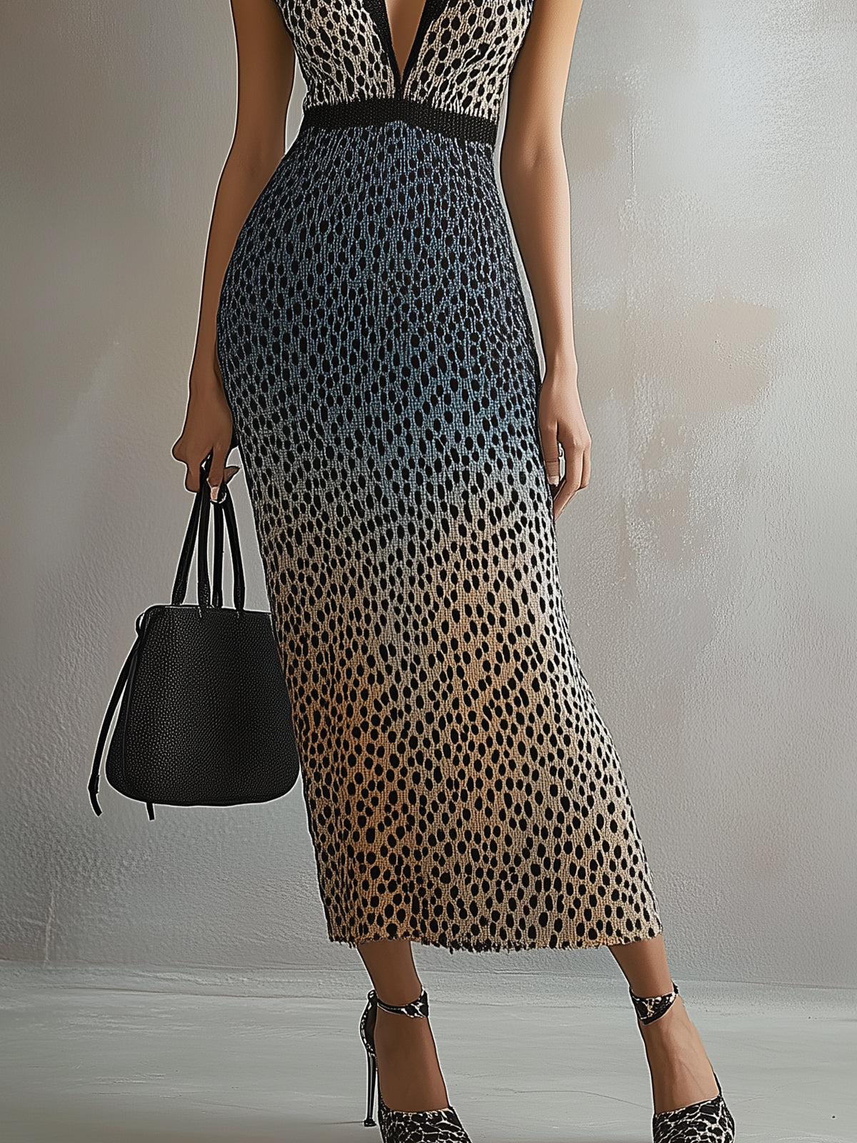 V-Neck Ombre Leopard Print Knit Maxi Dress