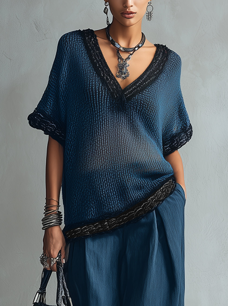 Navy V-Neck Lace Trim Knit Top And Linen Wide-Leg Pants Set