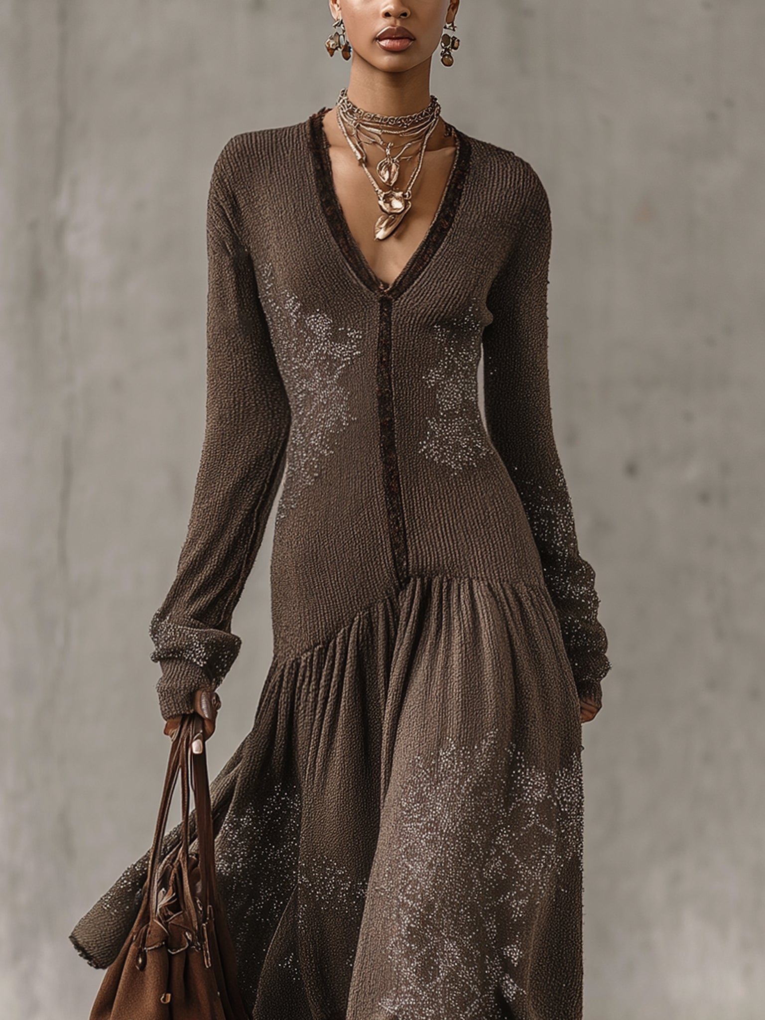 Brown Knit Fringe Bohemian Fringe Long Sleeve Maxi Dress