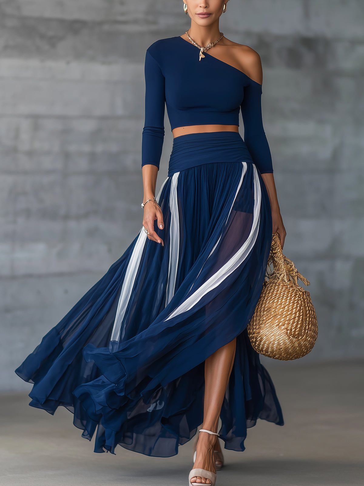 Navy One-Shoulder Crop Top And Sheer Pleated Maxi Skirt Set