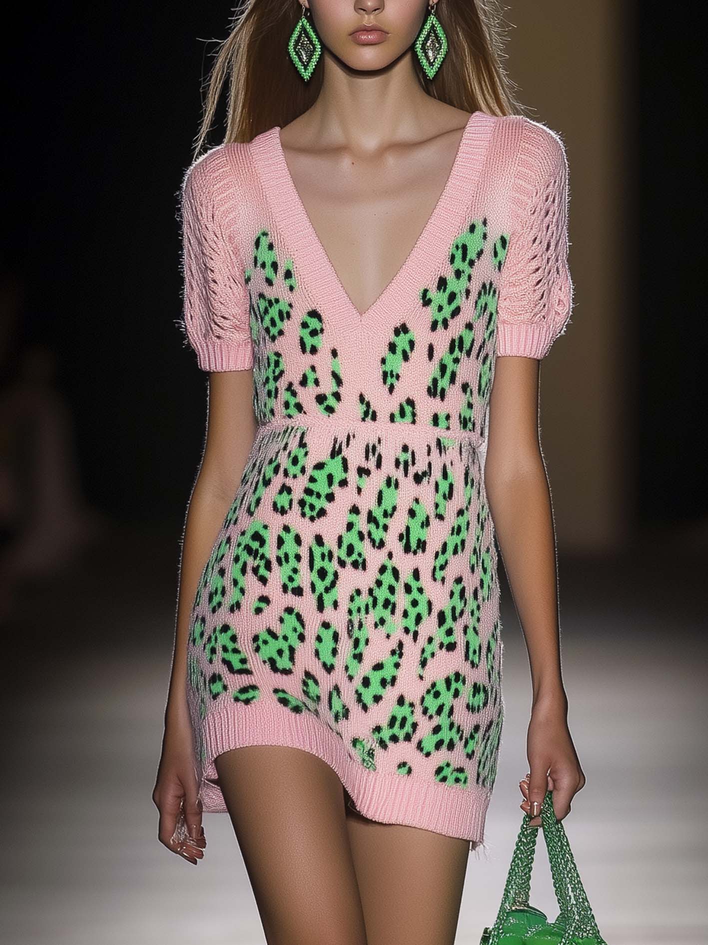 Pink Knitted Mini Dress With Green Leopard Print