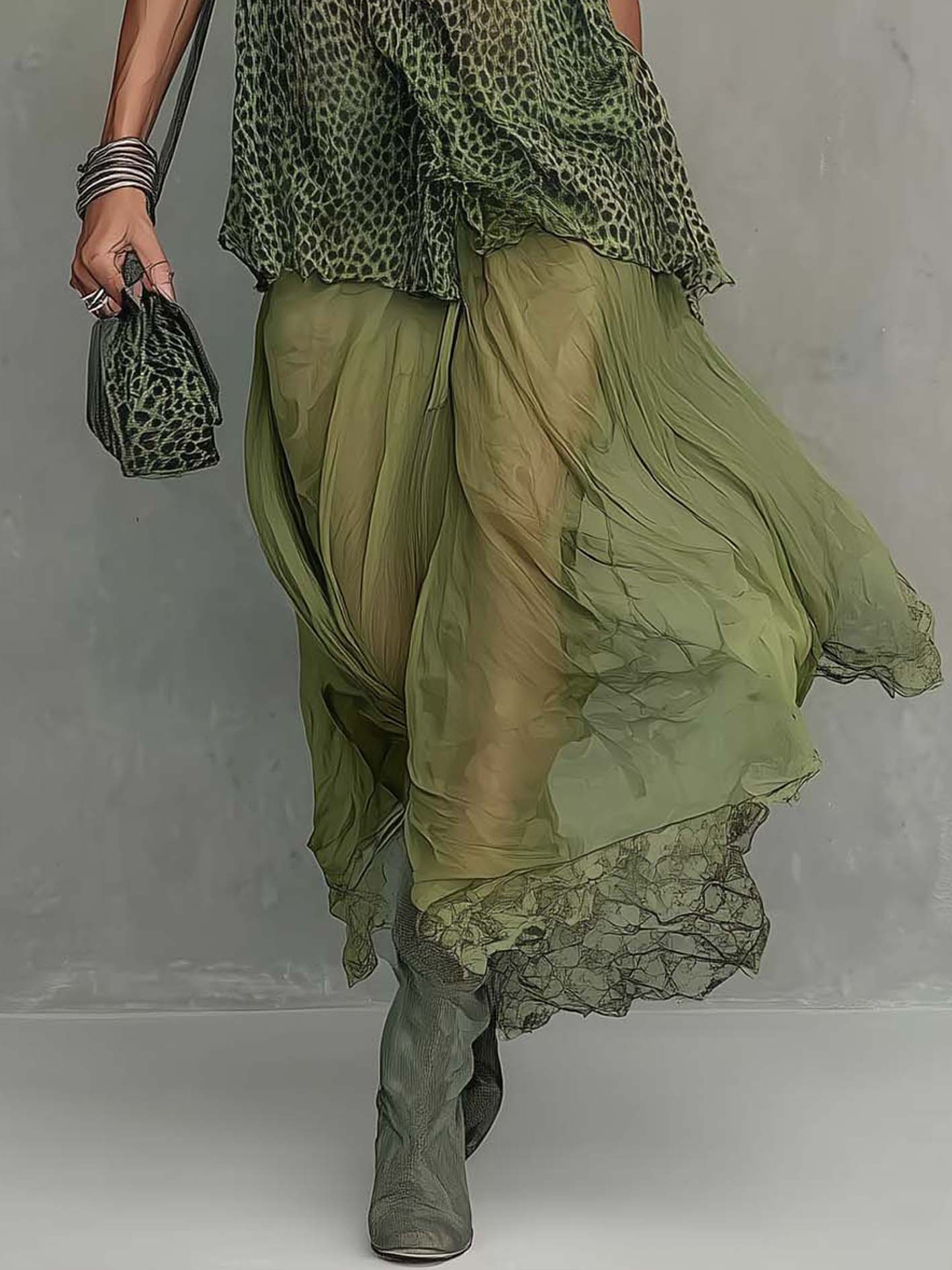 Flowy Boho Green Leopard Print Chiffon Lace Maxi Dress
