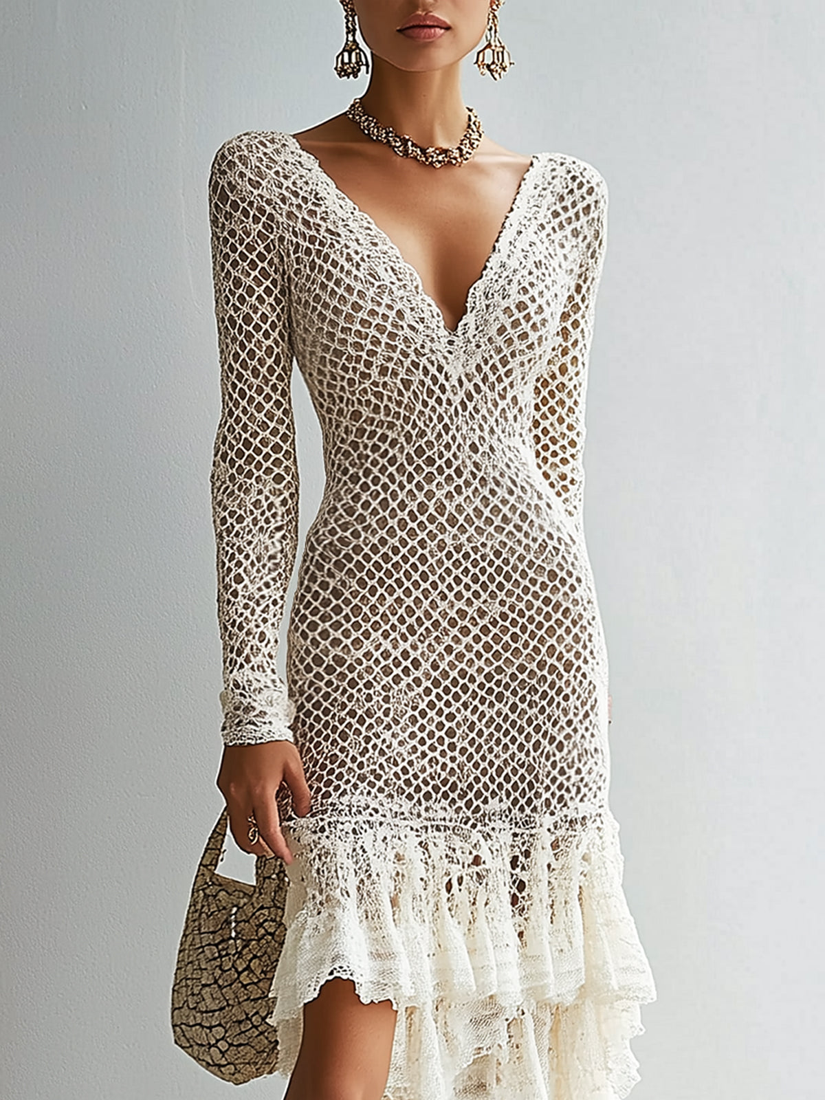 Ivory Crochet Panel Lace Ruffle V-Neck Bodycon Dress