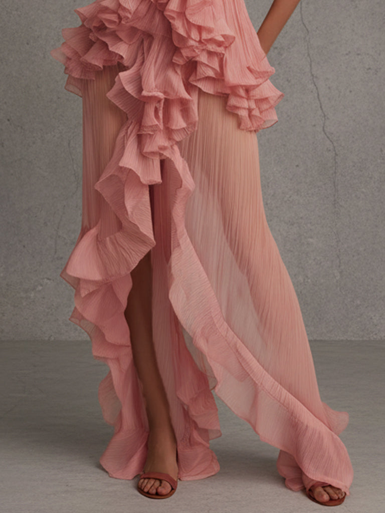 Pink Chiffon Ruffled Halter Maxi Dress