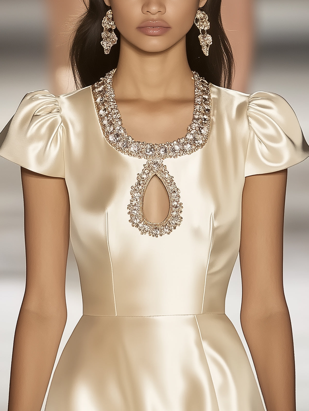 Champagne Satin Embellished Cutout Jewel Neck Puff Sleeve Mini Dress