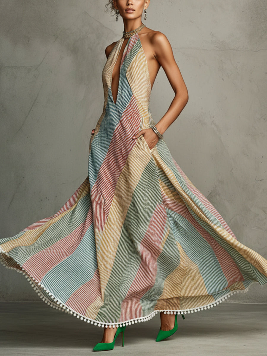 Multicolor Striped Linen Blend Maxi Dress With Ivory Lace Trim