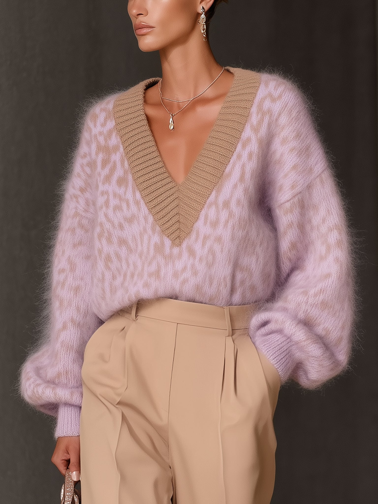 Lilac Leopard Print Mohair V-Neck Pullover