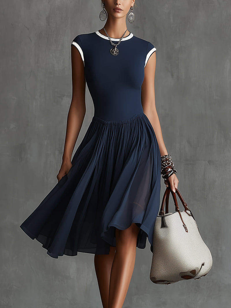 Navy Blue Contrast-Trim Cap Sleeve Midi Dress With Flowing Chiffon Skirt