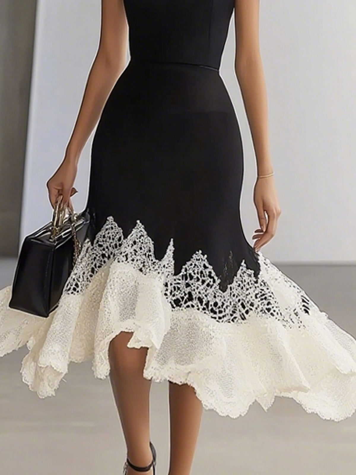 Black LaceTrimmed Contrast Ruffle Crew Neck Short Sleeve Midi Dress