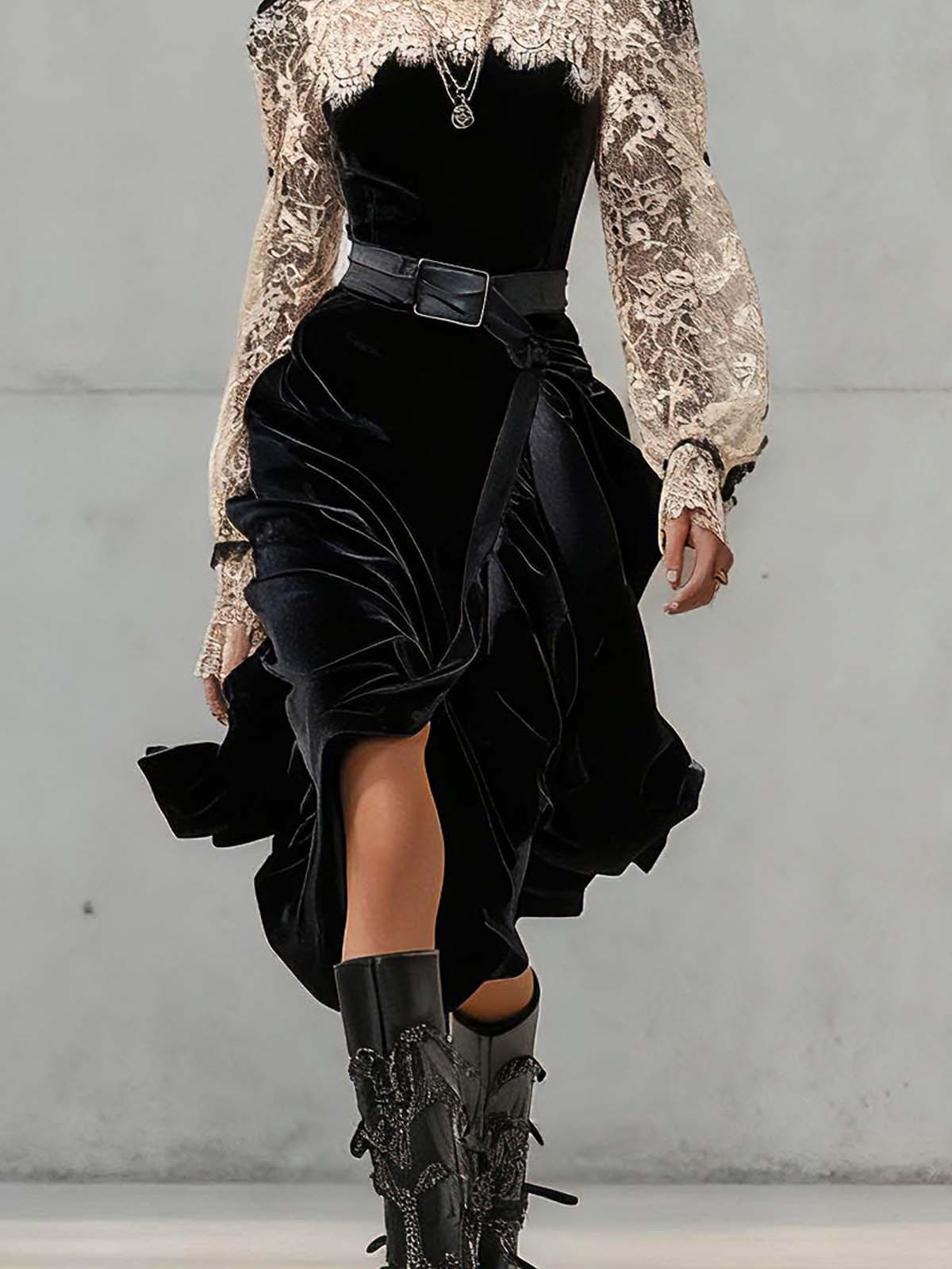 Black Velvet And Lace High Neck Midi Dress