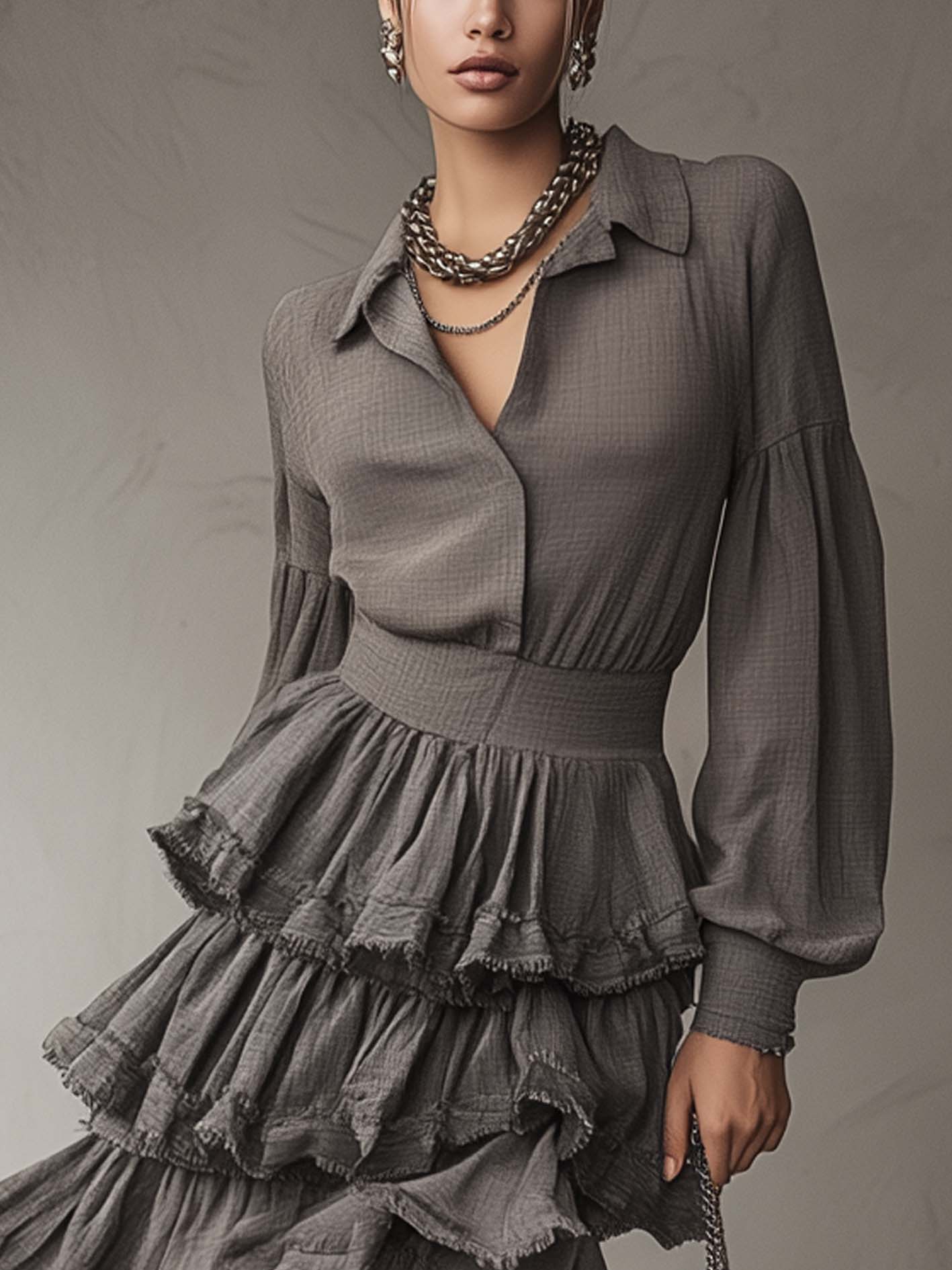 Gray Textured Fabric Ruffle Mini Dress With Lapel Collar