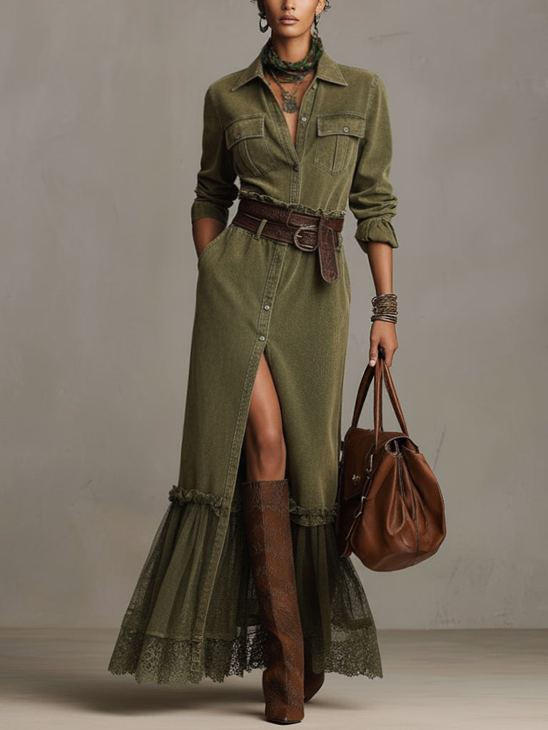 Green Vintage Wash Denim Maxi Dress With Lace Hem