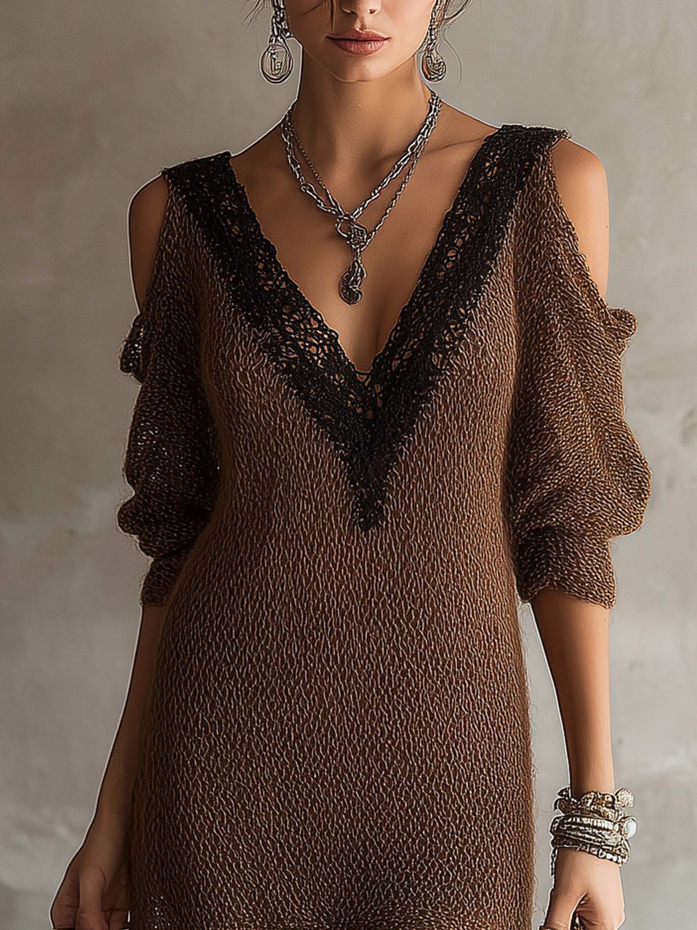Brown Knit Cold Shoulder Lace Patchwork Mini Dress