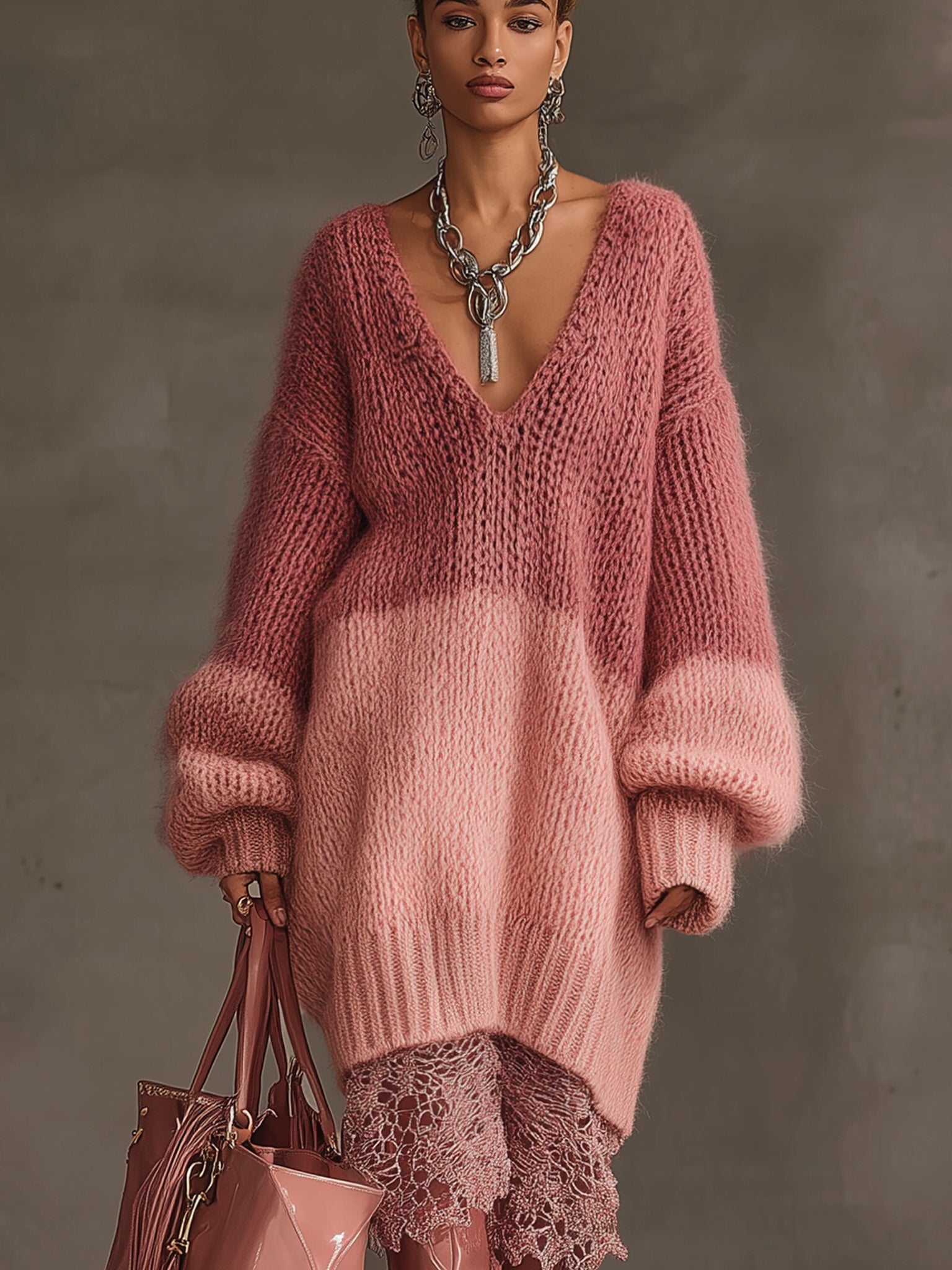 Pink Gradient Knit Long Sleeve Midi Dress With Lace Hem