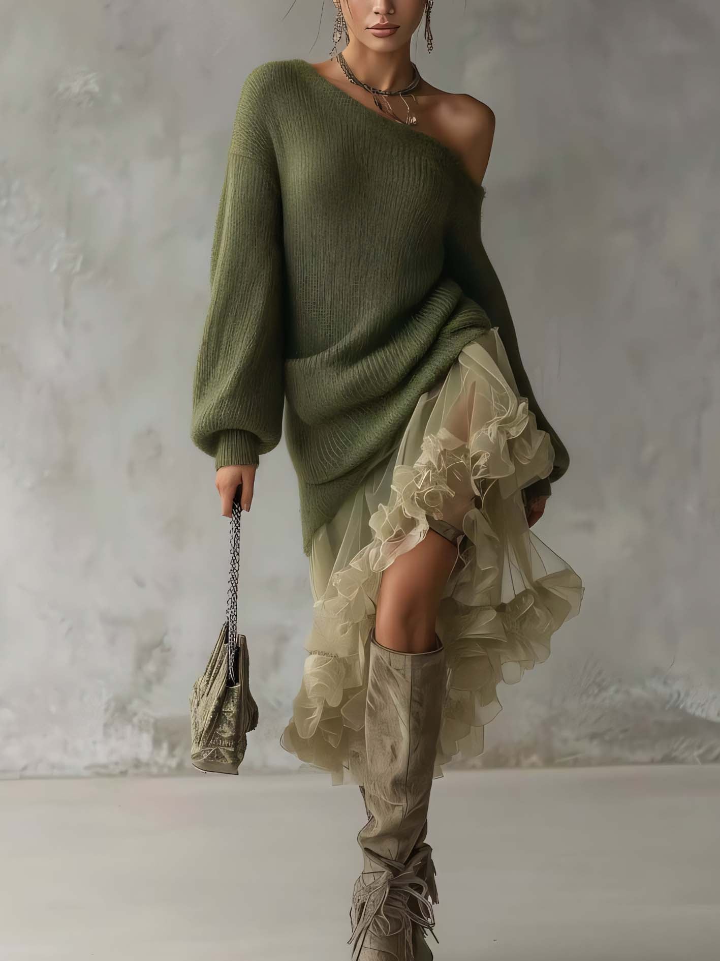 One Shoulder Green Knit Midi Dress With Organza Ruffle Hem