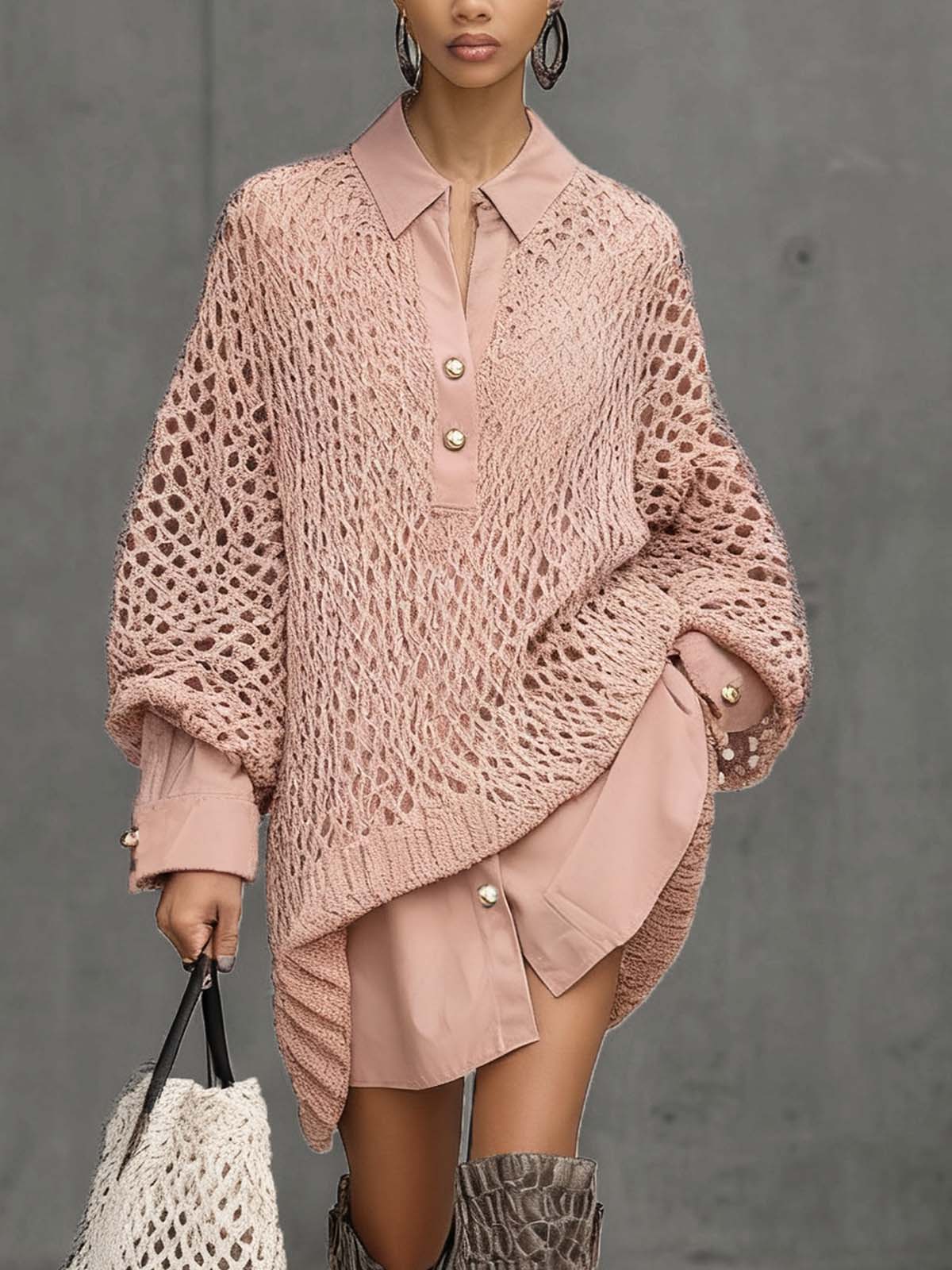 Pink Crocheted Mesh Metal Button Double-Layer Mini Dress