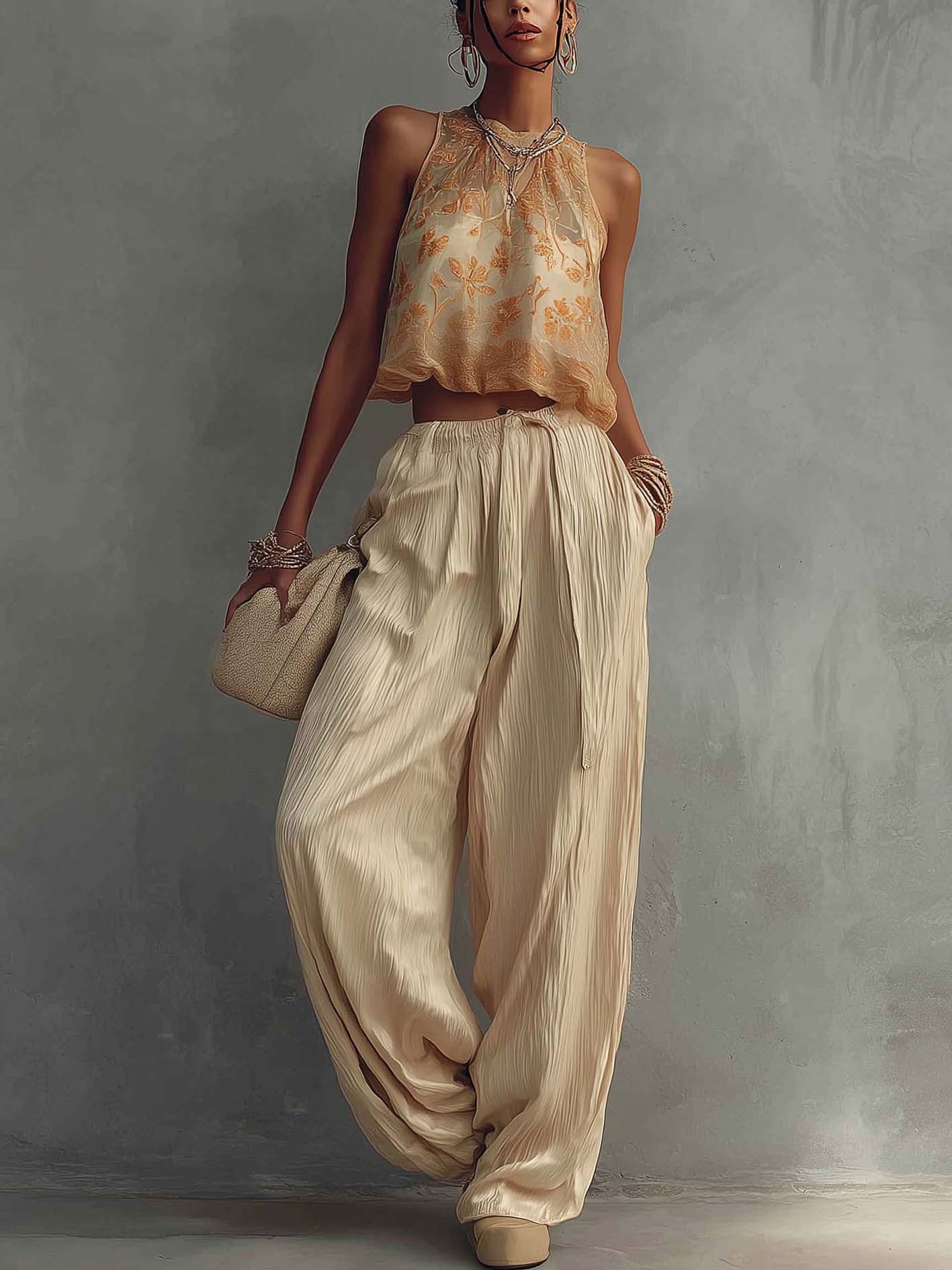 Beige Floral Print Sleeveless Top And Textured Wide Leg Pants Set