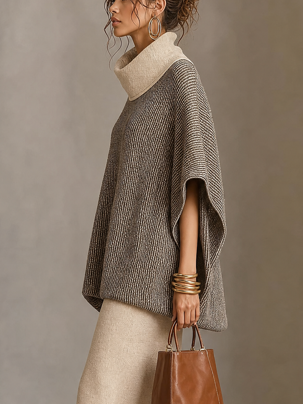 Two‑Tone Cowl Neck Oversized Poncho Knit Sweater