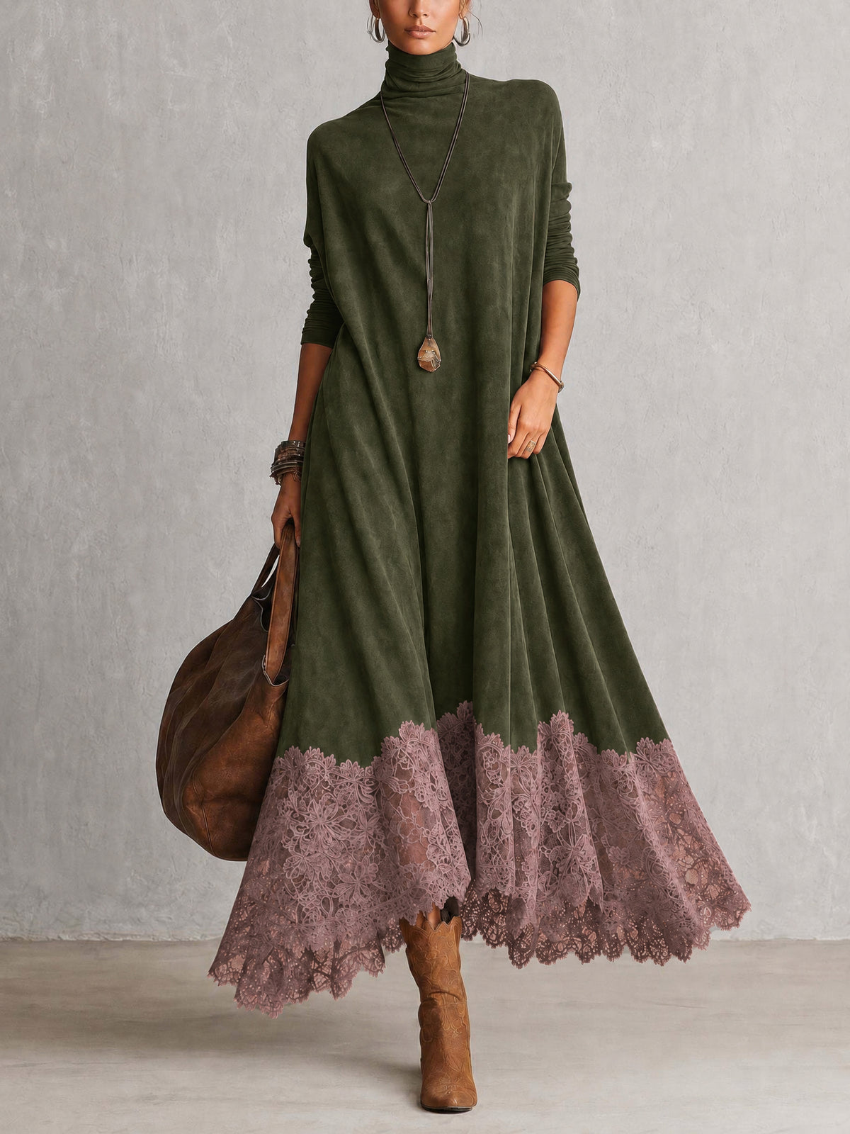 Vintage Brown Suede Feel Long Sleeve Lace Hem Maxi Dress