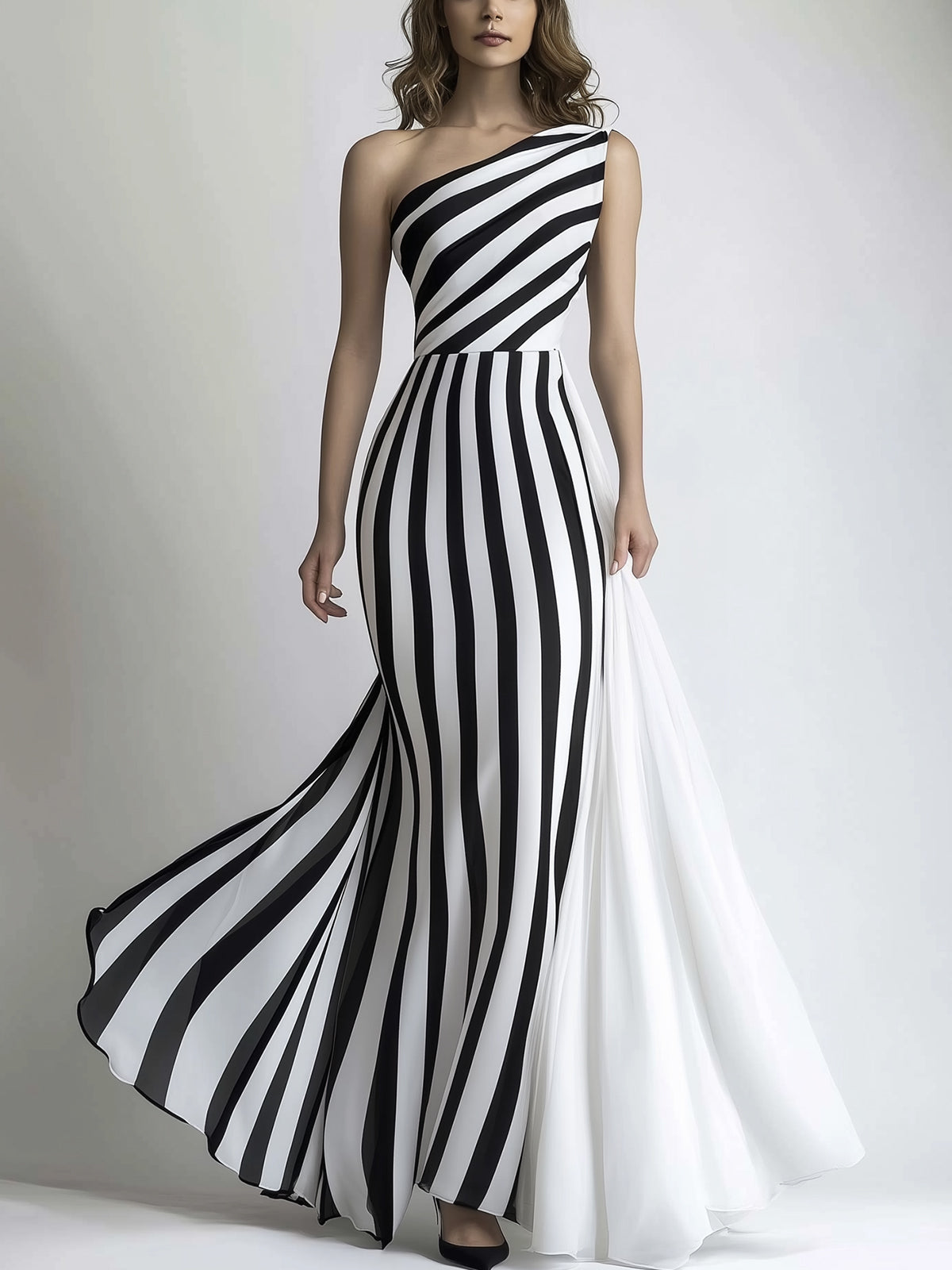 Elegant One Shoulder Striped Maxi Dress