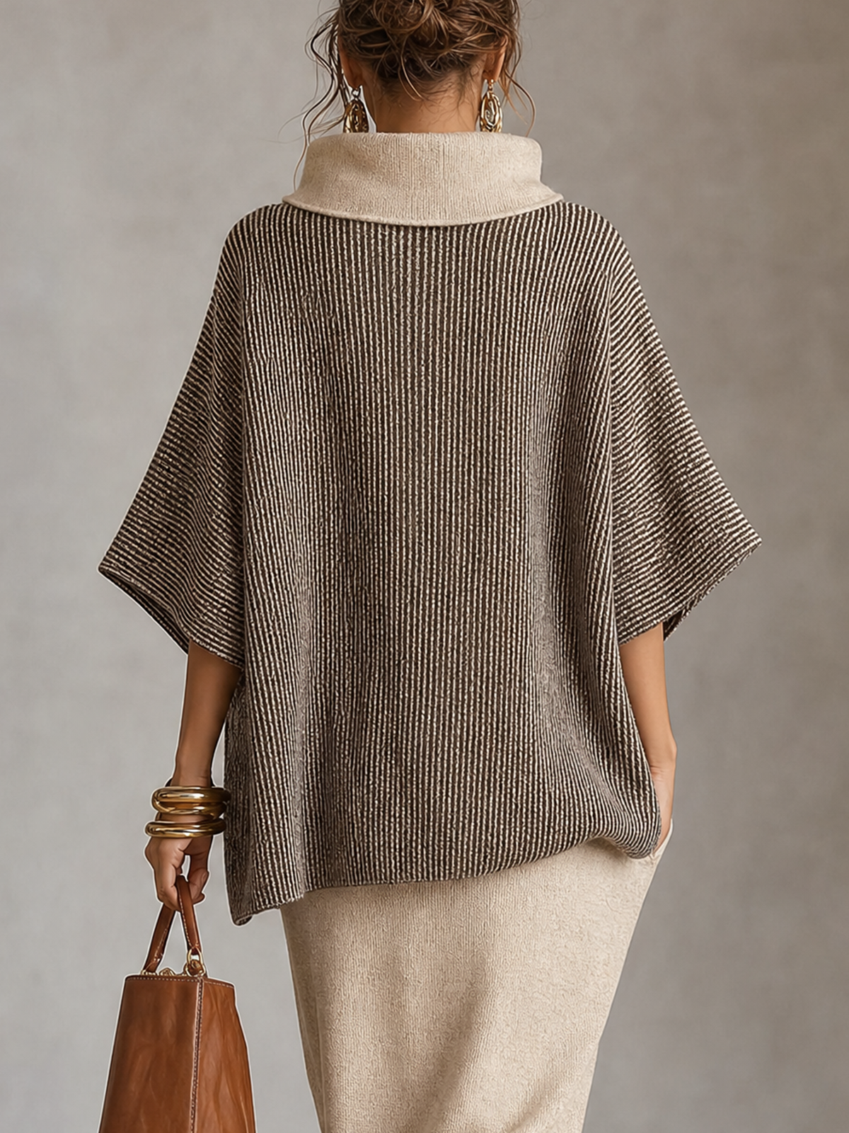 Two‑Tone Cowl Neck Oversized Poncho Knit Sweater