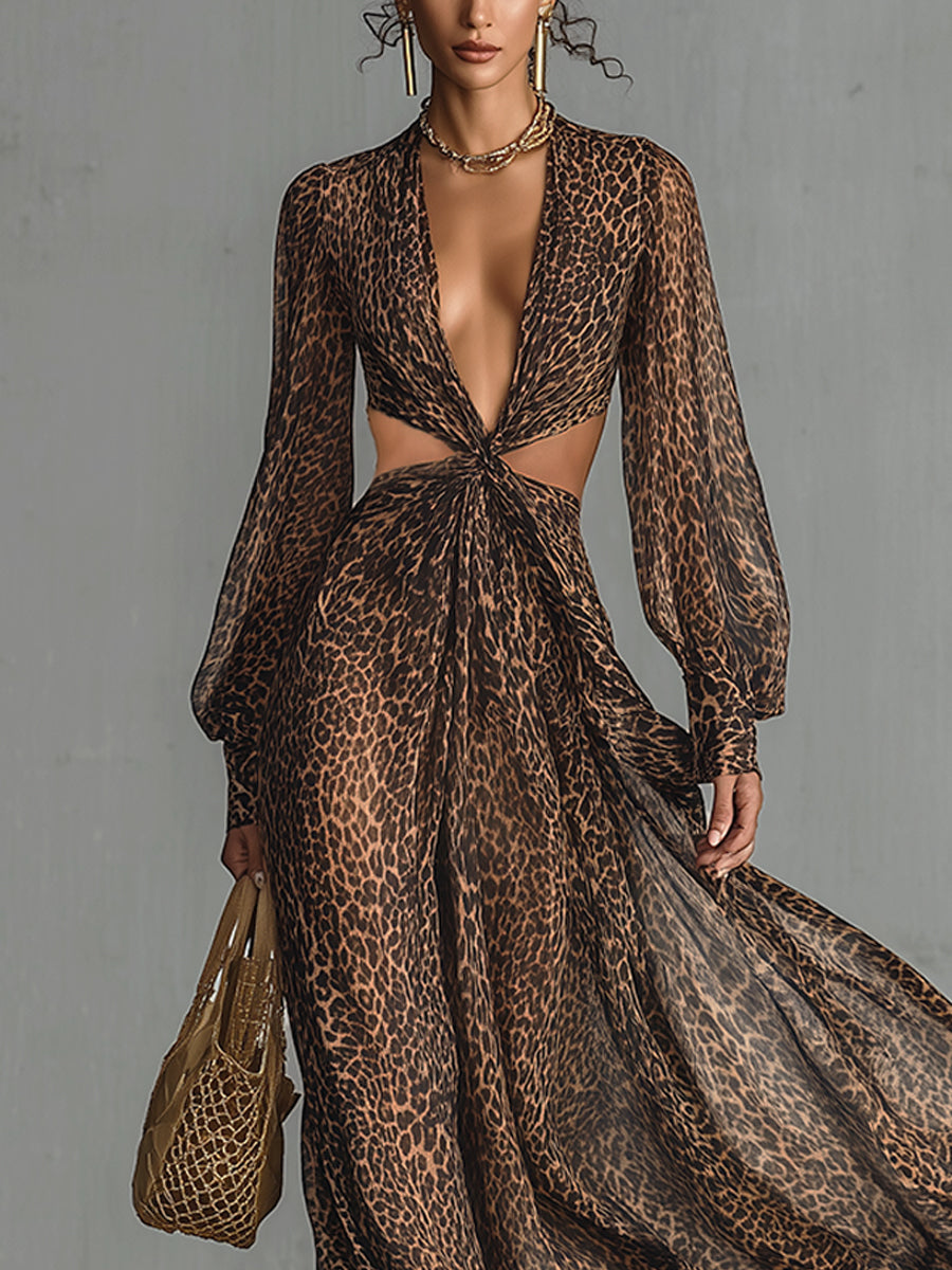 Coffee Leopard Print Chiffon Cutout Maxi Dress