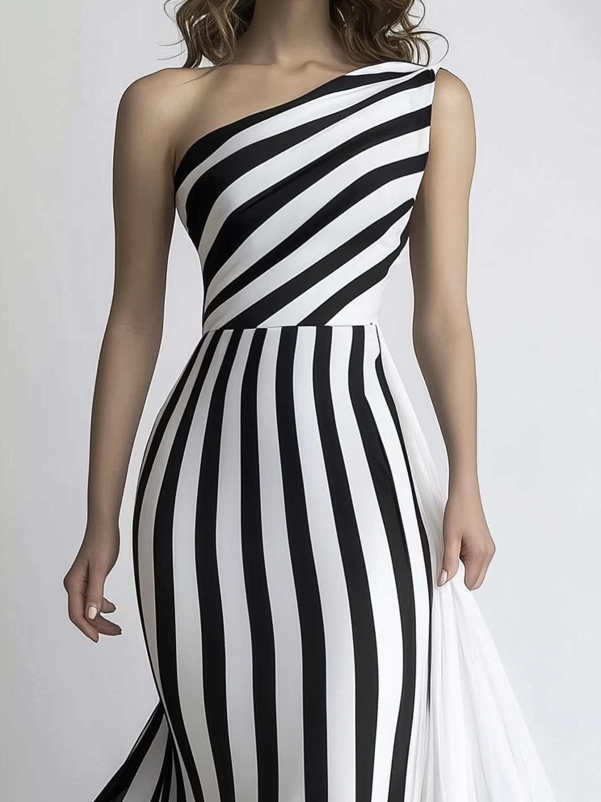 Elegant One Shoulder Striped Maxi Dress