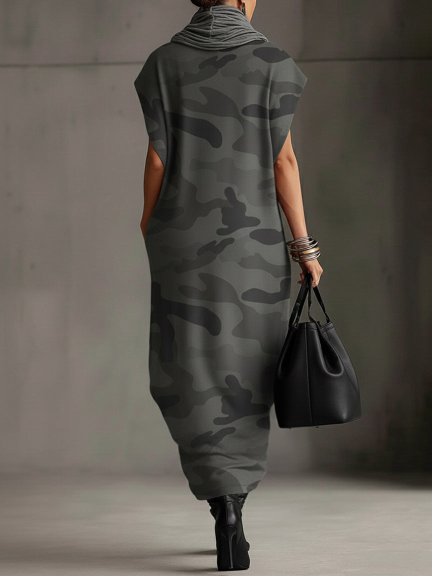 Gray Camo Sleeveless Turtleneck Maxi Dress