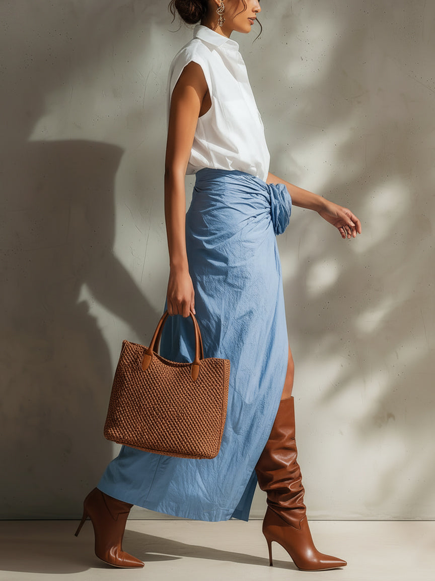 White Cotton Sleeveless Shirt And Blue 3D Floral Slit Skirt Set