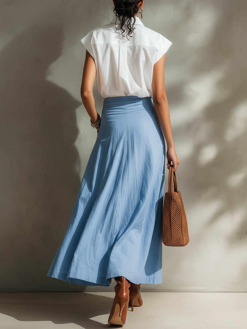 White Cotton Sleeveless Shirt And Blue 3D Floral Slit Skirt Set